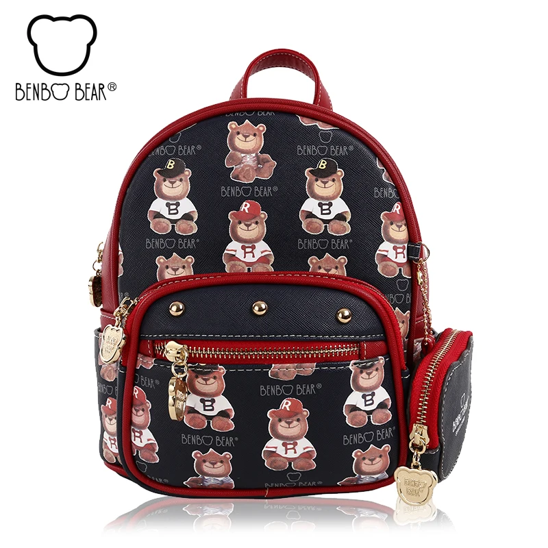 New bear Printing Backpack High Quality PU Leather Women s bags Mini College Wind School Book