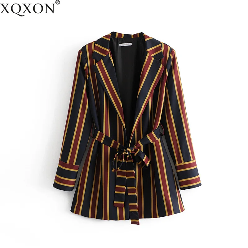 XQXON Women's suits Spring New Fashion Office Style Striped Blazers Jacket striped straight pant suits Two Pieces Set