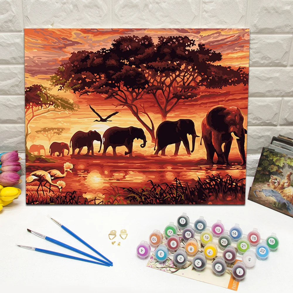 

Framed African Elephant Oil Painting by Number Hand Painted Canvas Wall Art Picture For Living Room Decoration Wall Art 40x50cm