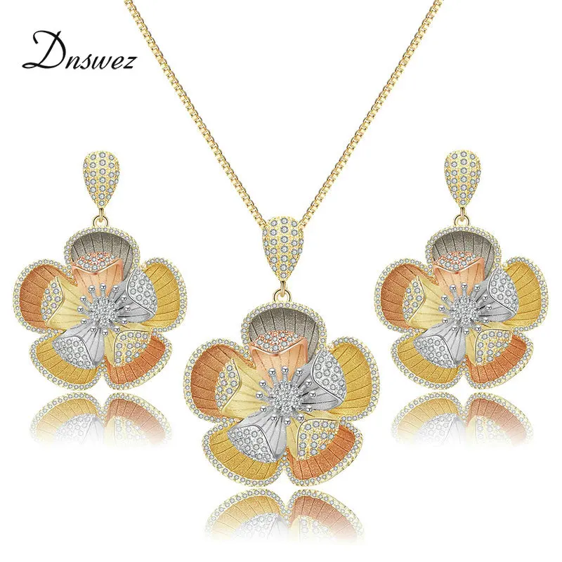 

Dnswez Flower Floral Fashion Luxury Super AAA+ Cubic Zirconia Women Engagement Earring Necklace Jewelry Set for Women Girls Gift