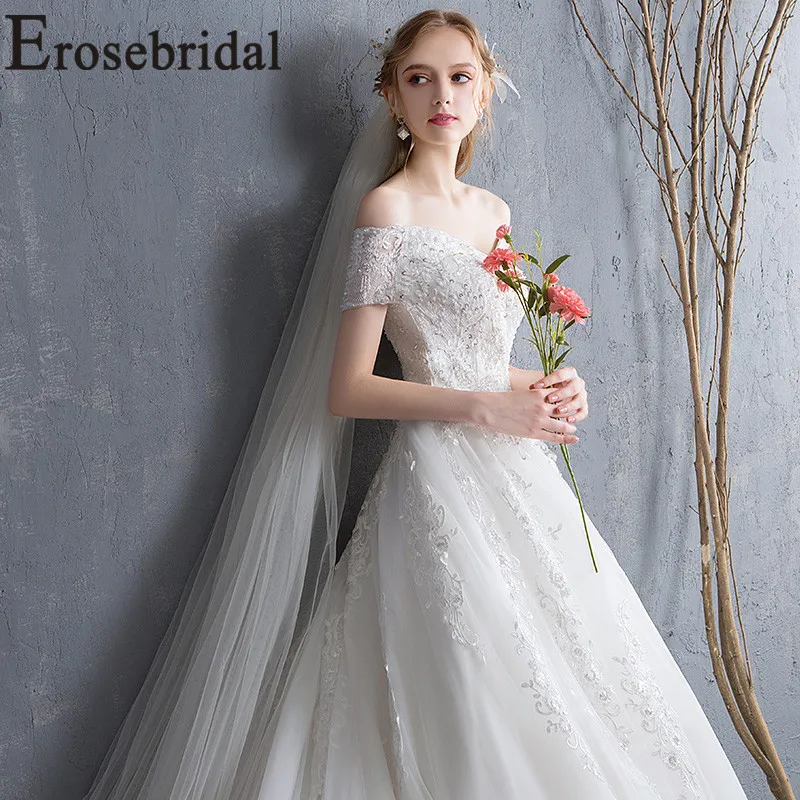 Erosebridal элегантное Пышное Бальное Платье Свадебное платье 2019 с короткий рукав кружево Свадебные платья Расшитые Бисером Лиф Длинный Шлейф