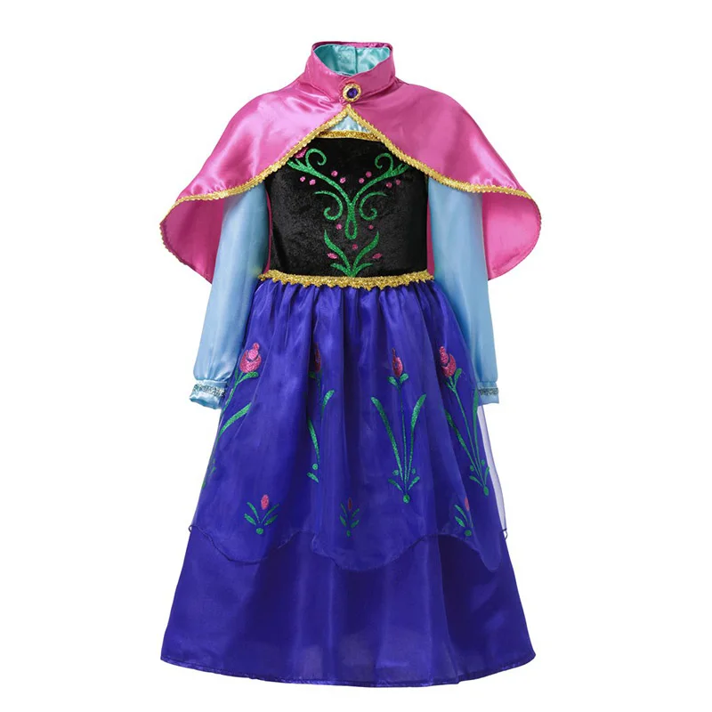 Маскарадный костюм Эльзы и Анны для маленьких девочек; Вечерние платья на Рождество и день рождения с накидкой; нарядное платье принцессы Снежной королевы с цветочной вышивкой - Цвет: Anna Dress Only
