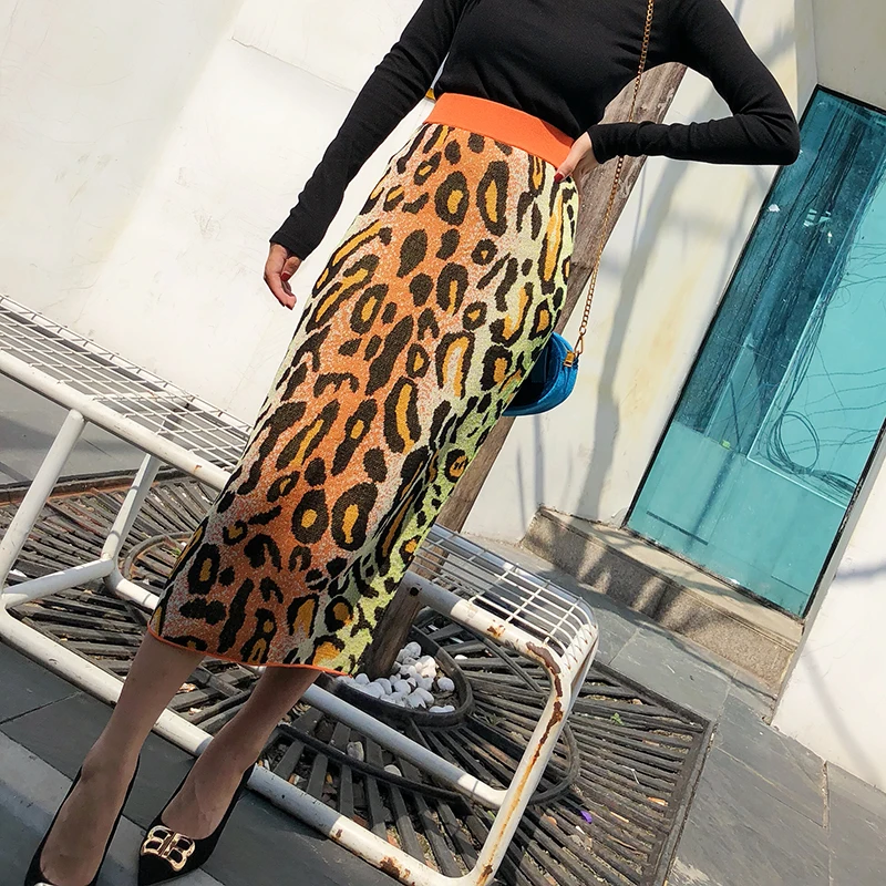 Весенняя Новая цветная леопардовая вязанная юбка-карандаш для женщин, модная жаккардовая вязанная юбка, Женская вязанная юбка с высокой талией