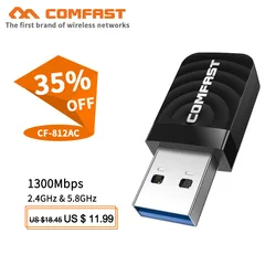 Comfast adaptador de wi fi, 2.4ghz/5ghz, 1300mbps, usb, sem fio, dual band, receptor wi fi ac, dongle de placa de rede
