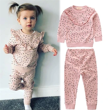 

Baby Girl Ruffle Clothes Autumn Spring Polka Dot Cotton Long Sleeve Blouse Tops+Pants Leggings 2Pcs Cotton Outfits Clothes Suit