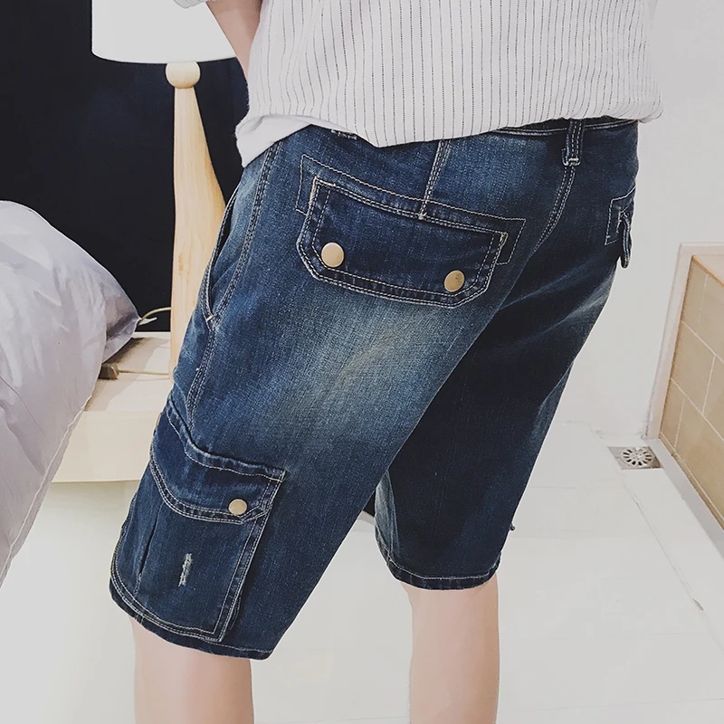 Летние джинсовые шорты мужские, красивые, облегающие, повседневные шорты, джинсы, синие, с боковыми карманами, эластичные, Карго, короткая длина до колена, мужская одежда 18-61