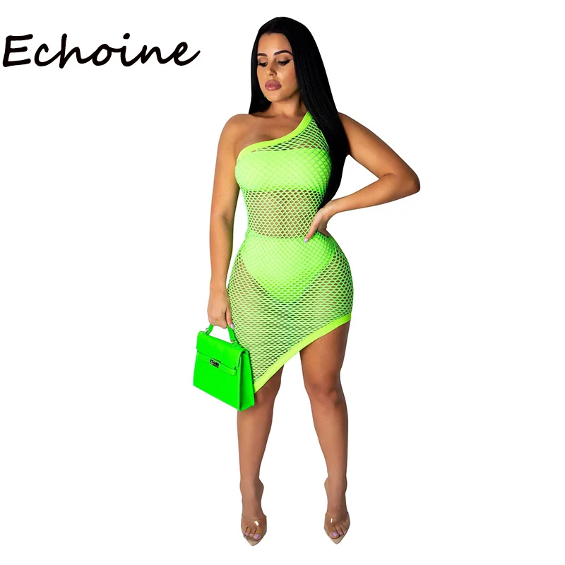Echoine النساء شبكة صيد السمك مجموعة اللباس 3 قطعة مجموعة اللباس واحدة الكتف الجوف خارج اللباس + قمم + سراويل قصيرة رياضية النساء الشاطئ اللباس