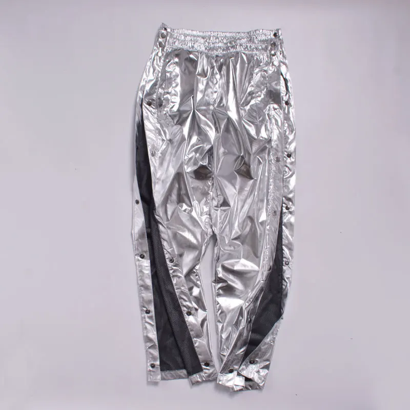 Женские блестящие Серебристые брюки в стиле хип-хоп с разрезом по бокам для сцены, большие размеры 8XL, Сексуальные Металлические боковые брюки с пуговицами X9100 - Цвет: Bright silver
