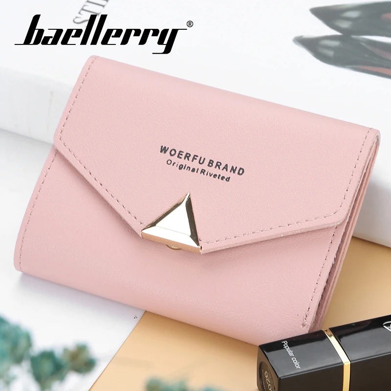 

Baellerry Women Solid Pink Short Wallet PU Leather Triangle Button Hasp Wallet Coin Pocket Card Photo Holder Wallet Fashion Bag