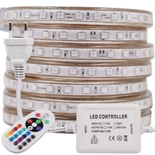 Flex RGB tira LED AC 220V 60leds/m impermeable Flexible Led luces SMD 5050 cinta cuerda 1M 2M 3M 5M 10M 20M 100m casa Decoración