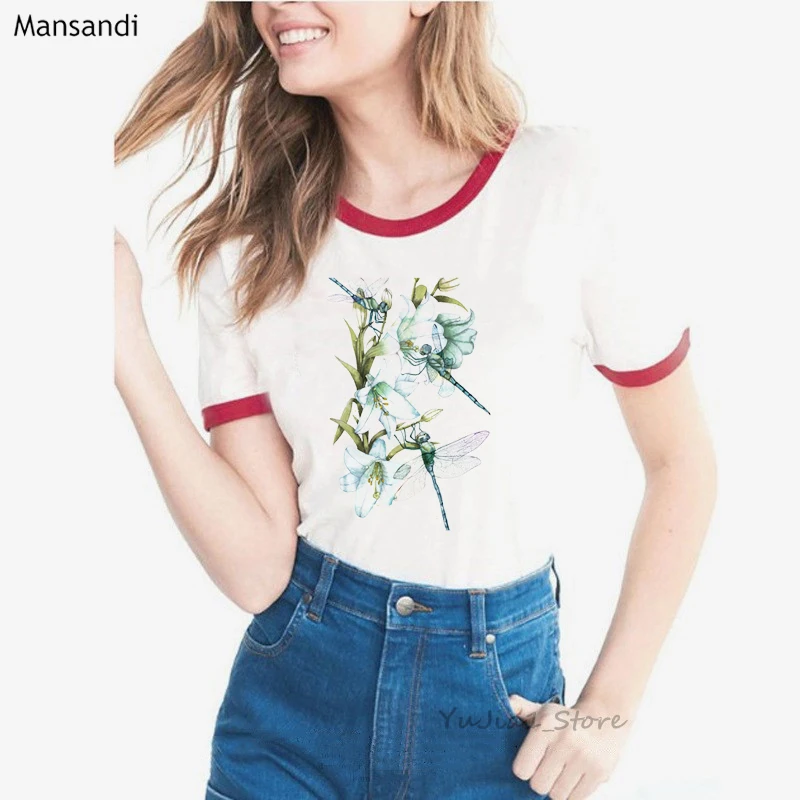 Стрекозы и лилии Переливающаяся Акварельная Футболка женская одежда модная футболка femme harajuku футболка женская футболка