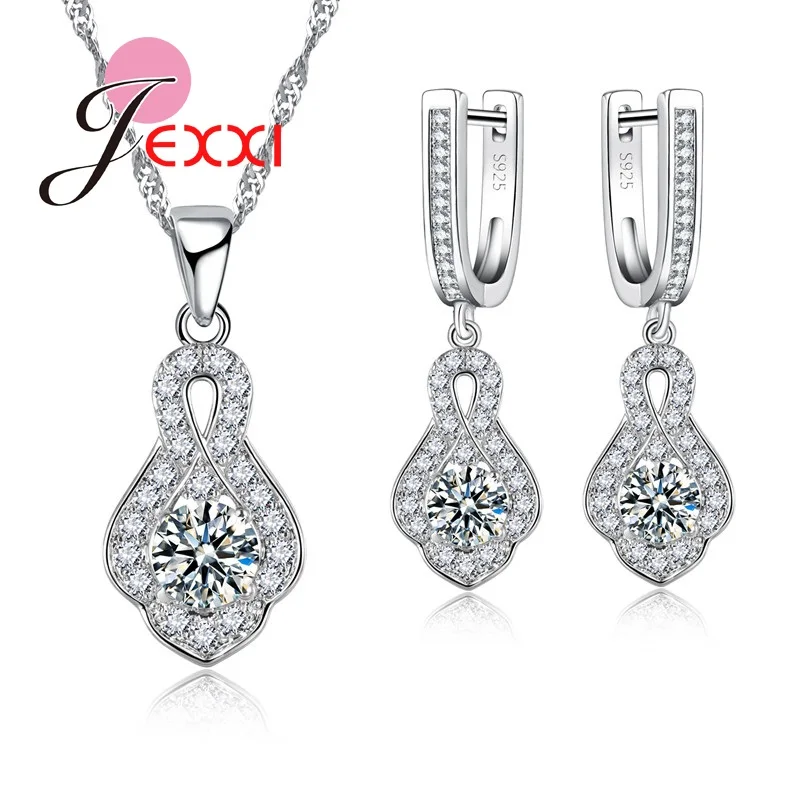 

JEXXI Clear CZ Pendant Necklace Hoop Earrings Set Jewelry S925 Sterling Silver Wedding Jewellery Sets For Woman Brides