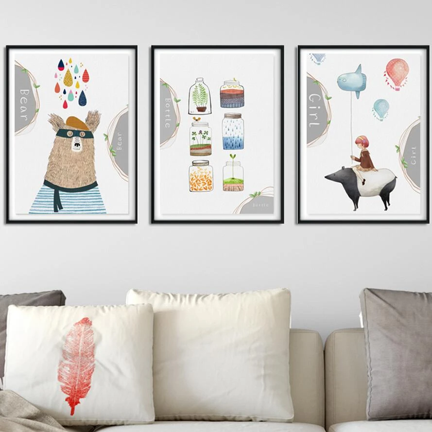 Animal De Bande Dessinee Toile Peintures Art Abstrait Ours Fille Affiches Et Imprimer Mur Photos Pour Enfants Chambre De Bebe Decor A La Maison No Frame Aliexpress