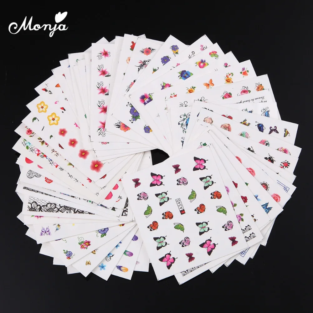 

Monja 50 Sheets/set Nail Art Butterfly Feather Blooming Flower Water Transfer Stickers Mixed Pattern DIY Decals Decoration