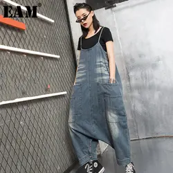 [EAM] 2019 Новинка Осень Лето Высокая талия синие джинсовые дырочки карман сплит свободные брюки женские брюки комбинезоны Мода JR889