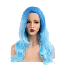 EEWIGS 16 дюймов Волнистые Волосы Омбре парики синий корень синтетический парик фронта шнурка Жаростойкие Волокна полные волосы парики для черных женщин