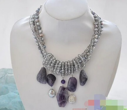 

song voge gem nanJ0587 faceted crystal gray baroque pearl Amethyst necklace