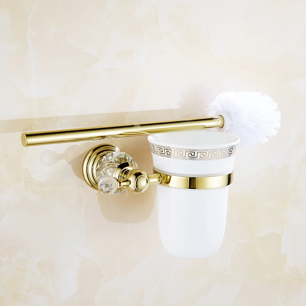 

Antique Polished Solid Brass Toilet Brush Holder Ceramic Cup Crystal Toilet Brush Rack Bathroom Accessories Products