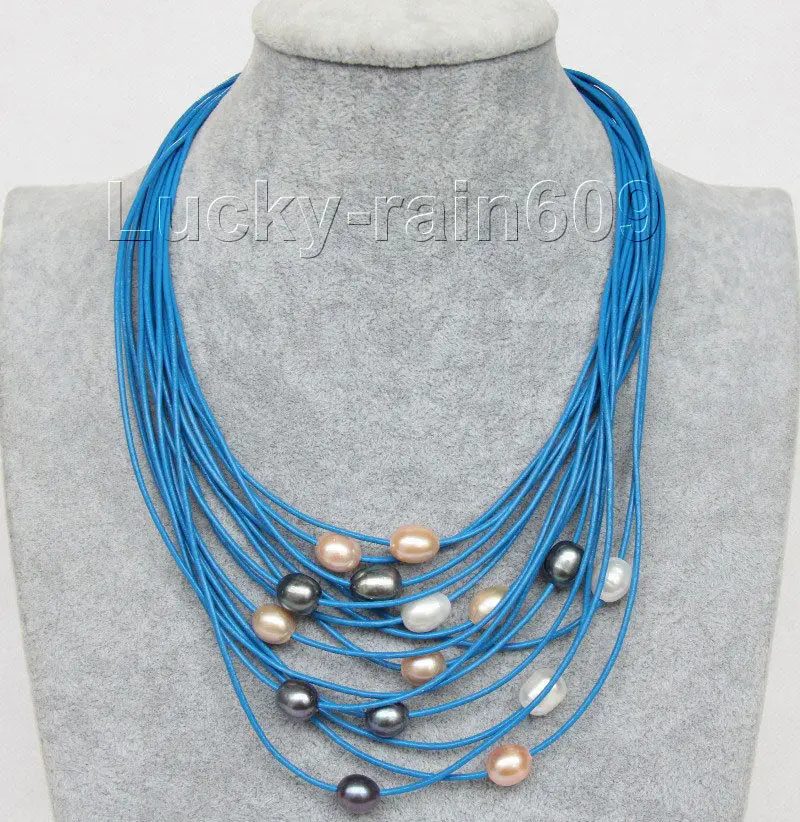 

shipping 17"-24" 13mm 15row white pink black pearls sky blue leather necklace e2394 (A0325)