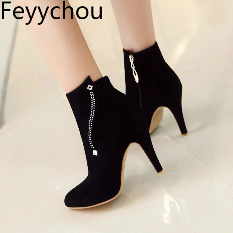 

Women Boots Autumn Winter Super High Heel Warm Crystal Flock Pointed Toe Ankle Zip Chelsea 2018 Sexy Fashion Casual Pink Black