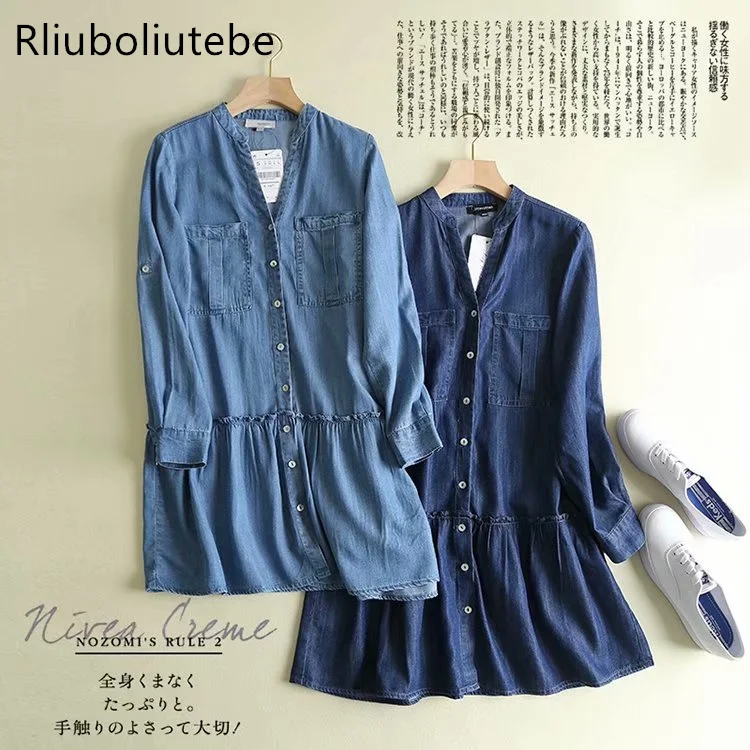 

mini jeans pleated shirt dress women v neck long sleeve button up pockets summer spring vintage denim dress casual vestido