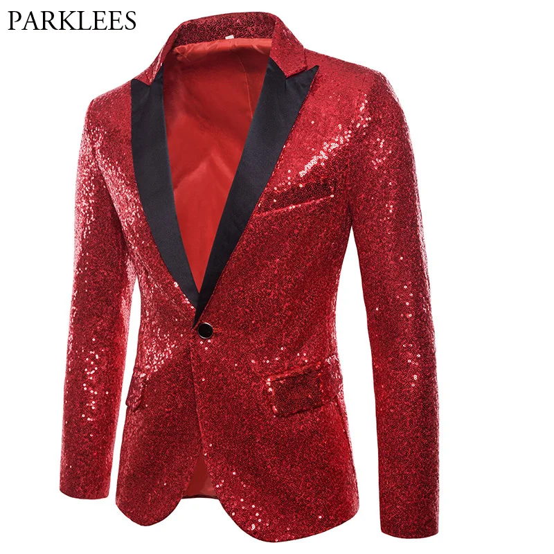 Red Sequin Blazer Jacket Men DJ Prom Single Button Suit