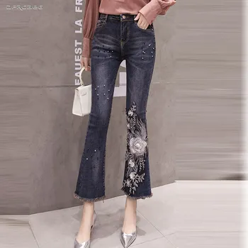 

Vintage Plus Size Jeans With 3D Froal Beading Summer 2019 High Waist Skinny Trousers Streetwear Denim Flare Pants Femme