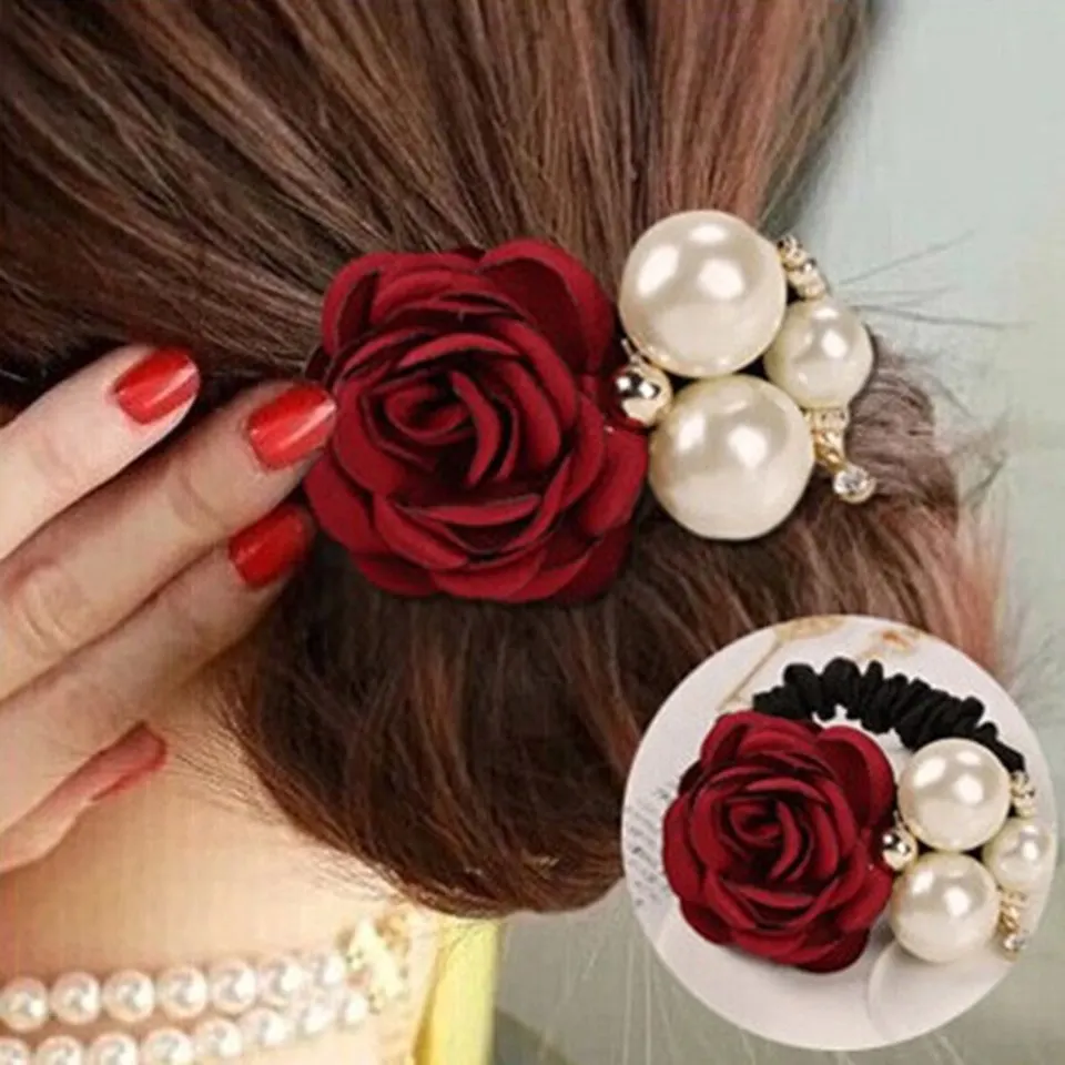 

Fashion Pearl Flower Elastic Hair Bands for Women Girls Satin Big Rose Three Pearls Decor Hairband Ponytail Headband