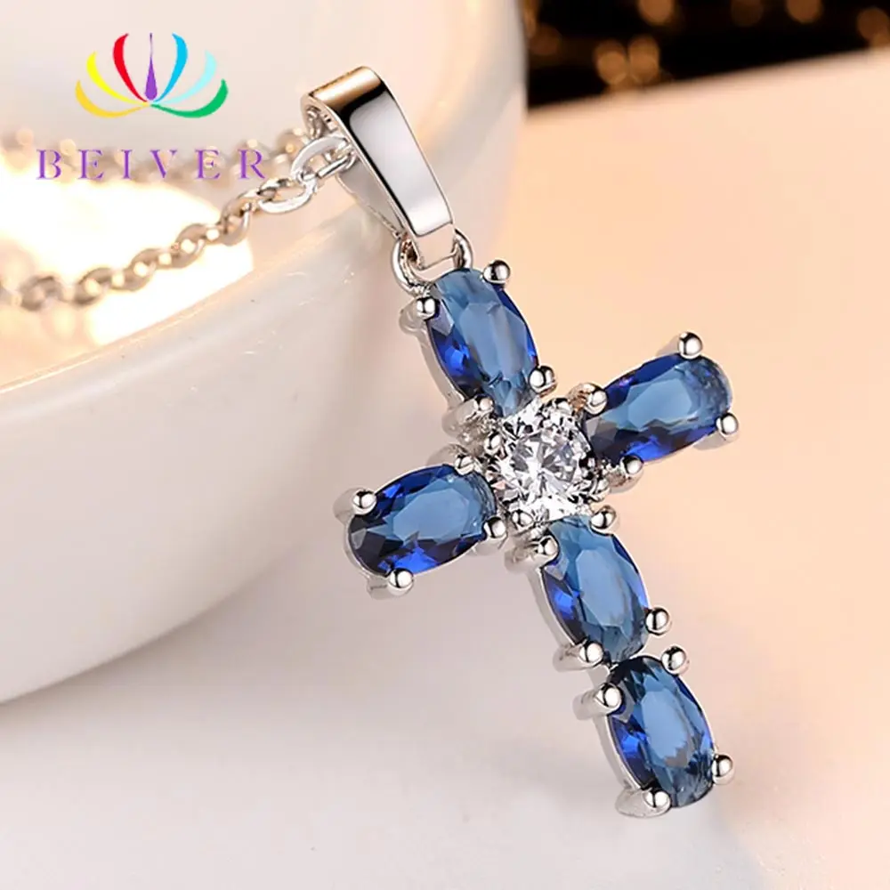 Beiver Fashion Blue Cubic Zirconia Cross Pendant Necklaces for Women Jewelry Necklaces Party Decoration Is Customized