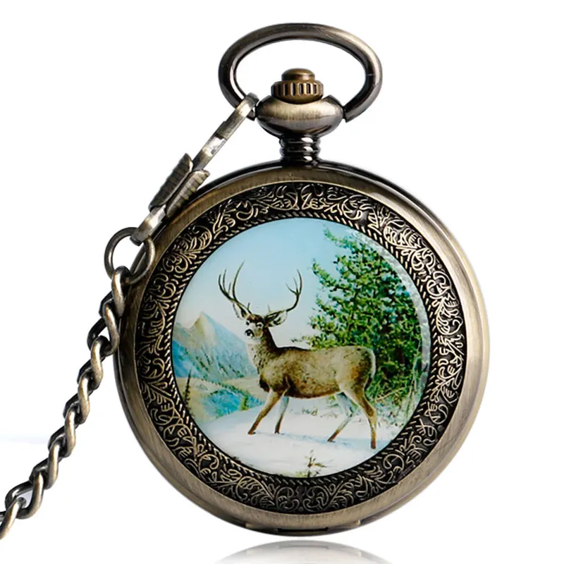 Full Hunter Pocket Watch Hand Winding Mechanical Skeleton Steampunk Animal Deer Pattern Fob