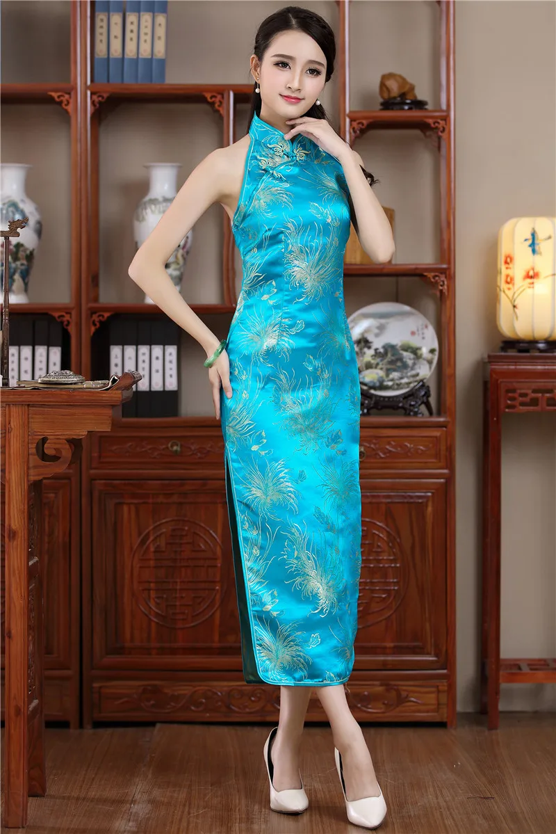New Sexy Backless Women's Long Qipao Satin Dress Chinese Novelty