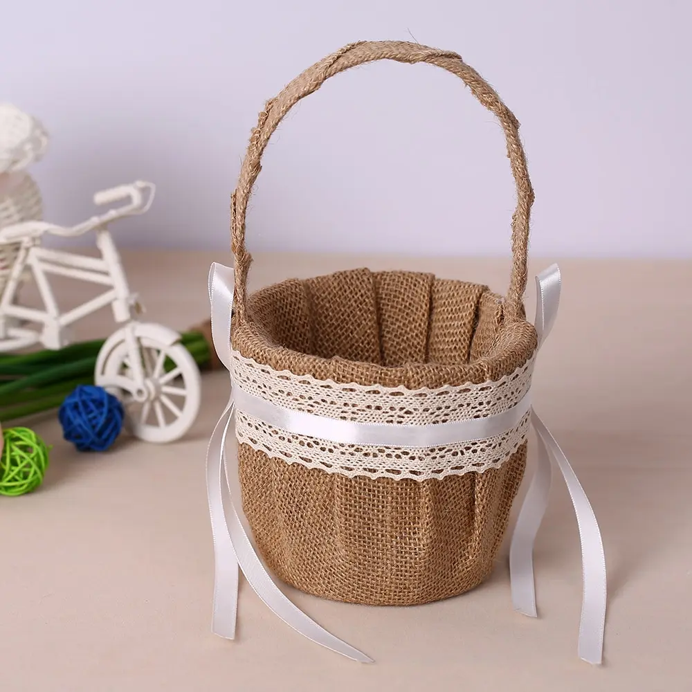 

Vintage Rustic Wedding Flower Basket Burlap Hanging Ornaments Flower Girl Basket with Lace Decoration Wedding Supplies