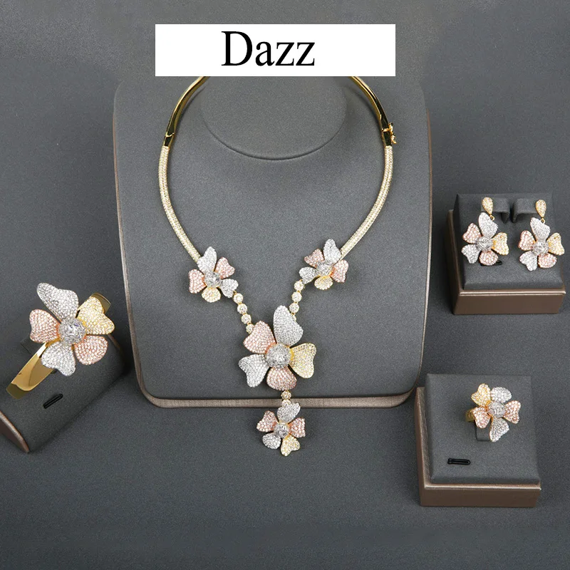

Dazz luxury Big Flower CZ Zircon Wedding Nigeria Jewelry Set For Women DUBAI Bridal Necklace Earring Ring Bangle 2019 Bijoux 4pc