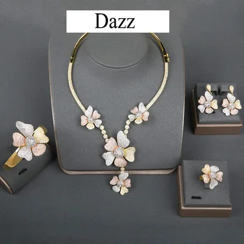 

Dazz luxury Big Flower CZ Zircon Wedding Nigeria Jewelry Set For Women DUBAI Bridal Necklace Earring Ring Bangle 2019 Bijoux 4pc