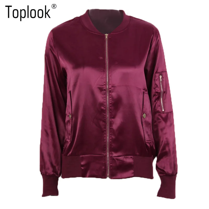 Toplook Chic Satin Bomber Jacket Coat Zipper Autumn Winter Wine Red