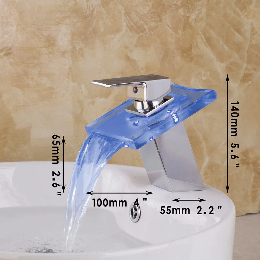 Светодиодный кран для ванной комнаты, полированный хромированный светодиодный светильник на осень, латунь стекло, для ванной комнаты, на бортике, смеситель для раковины