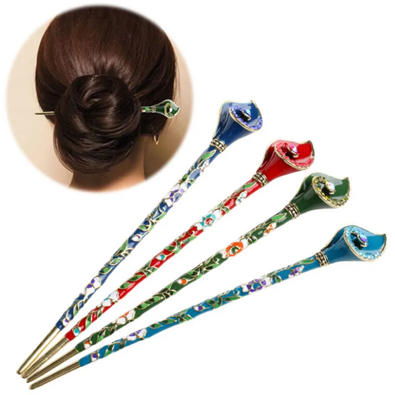 1Pc TEROKK Vintage Women Metal Rhinestone Handmade Hair Stick Hair Chopsticks Hairpin Pin Chignon