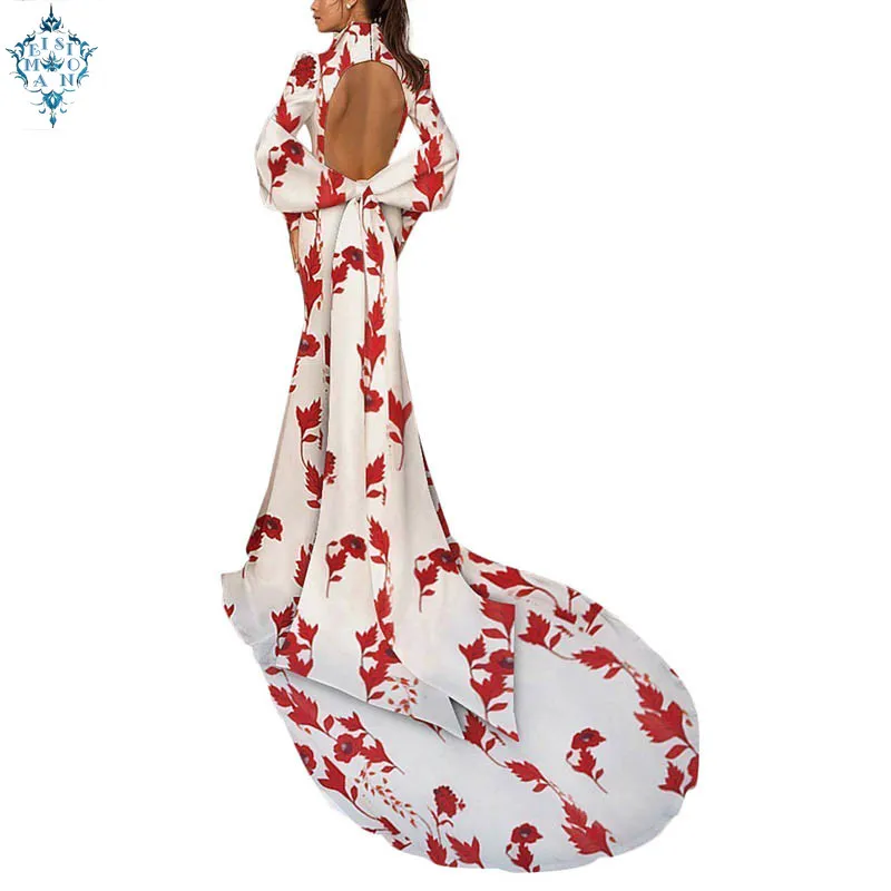 

Ameision 2019 Spring Summer Sexy Club evening Party Dress Print Women High Split Deep V Neck Long Sleeve Backless Maxi Dresses