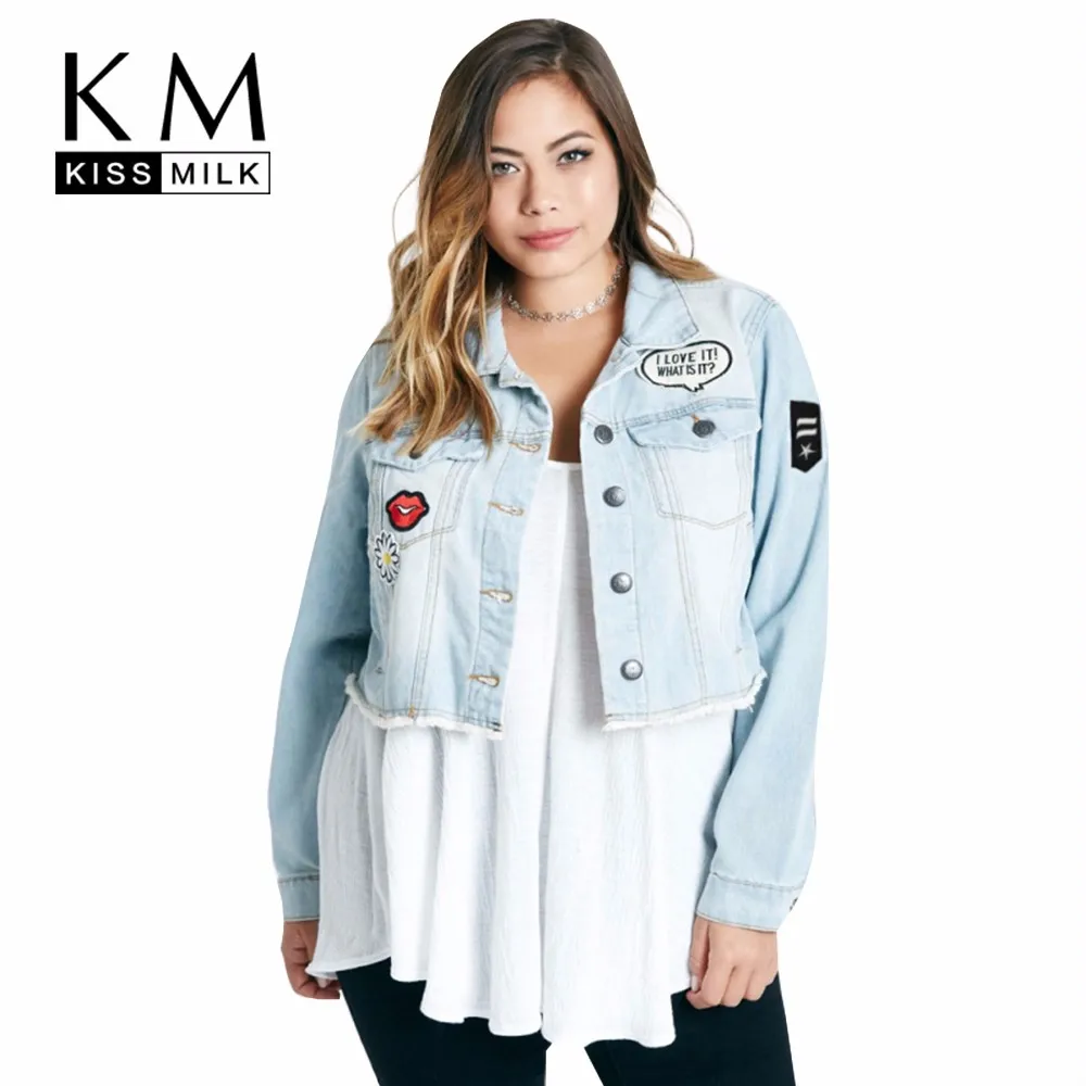 

Kissmilk Women Plus Size Short Denim Jacket Coats with Patches Button Down Basic Jean Big Size Outfits 6XL