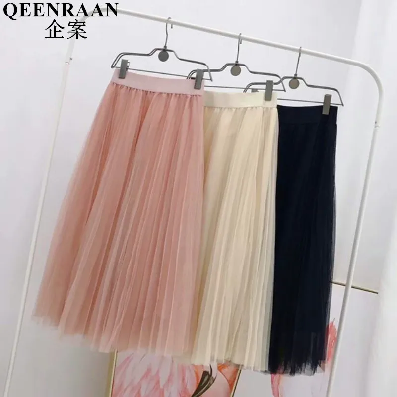 

2018 Classic Style Tulle Skirts Women Three Layer Tulle Tutu Skirts Ladies Elastic High Waist Pleated Midi Skirt Saia Faldas