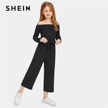 SHEIN Black Kiddie Off the Shoulder Self Belted Rib Knit Girls Jumpsuit 2019 Spring Long Sleeve Casual Jumpsuits For Kids Girls shein girls black solid button up belted casual girls skirts kids clothing 2019 spring fashion a line preppy long flared skirts