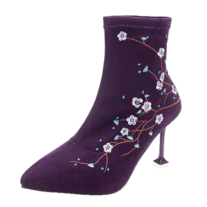 Retro national wind Women High Heel Boots spring autumn Ankle Sexy Ladies Shoes Woman Embroidery Flower Short Boots