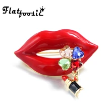 Flatfoosie New Sexy Red Lips Brooch Colorful Crystal Kiss Lipstick Brooch Pin for Women Charm Corsage