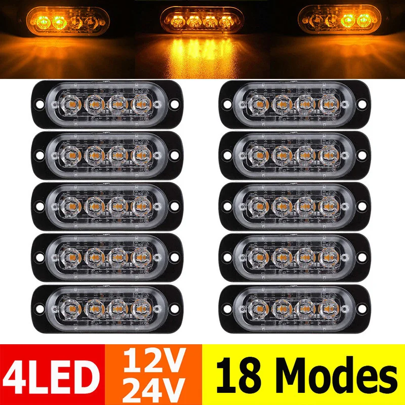 

10pcs 4 LED Flash Urgent Car Truck Vehicle Warning Strobe Flashing Light Amber 86*28*10mm Accessories Parts Fir For Most Cars