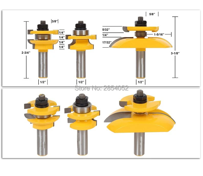 1/" хвостовик круглый над рельсами& Stile с бухтой панели рейзер 3 Бит маршрутизатор бит Набор шипов резак для деревообработки инструменты