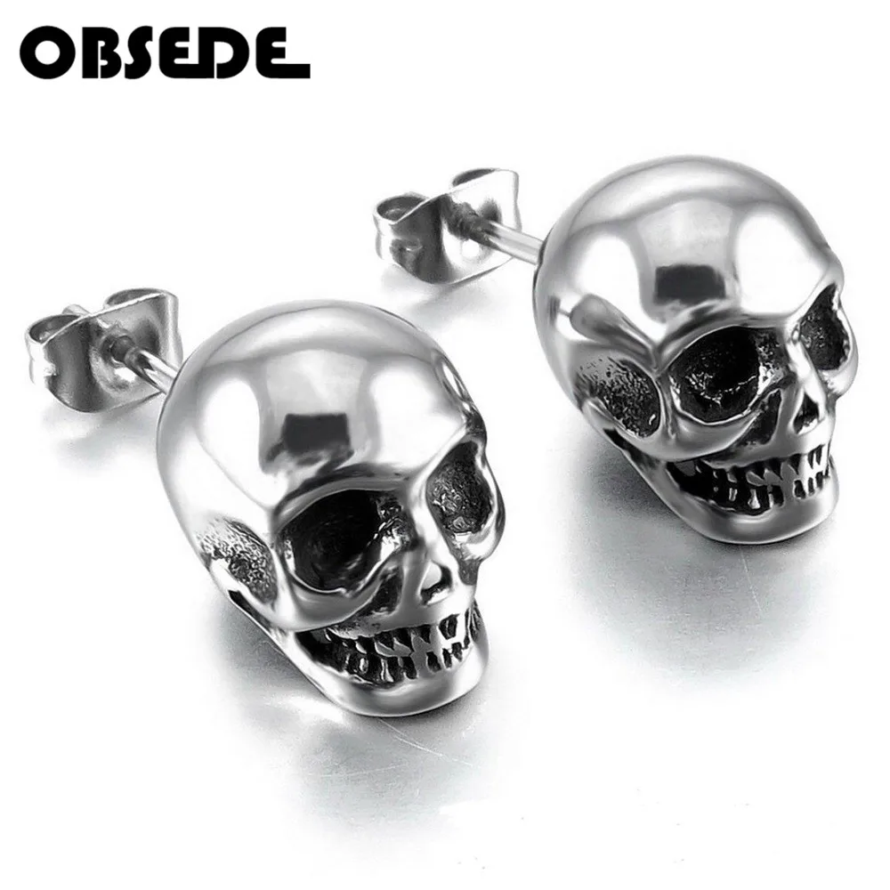 

OBSEDE Punk Skull Earrings for Men Boys Cool Silver Jewelry Hip-hop Stud Earrings Vintage Rock Punk Skeleton Earrings