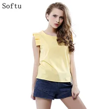 Softu Fashion Women Summer Blouse O Neck Butterfly Sleeve Solid Shirt Elegant Leisure Chiffon Blouses