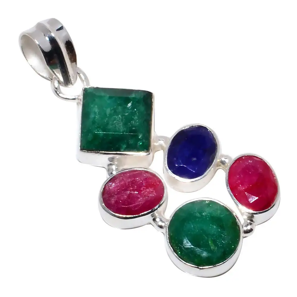 

Nature Emerald + Ruby + Blue Sapphire Pendant 925 Sterling Silver,42.1 mm, 2SP0019