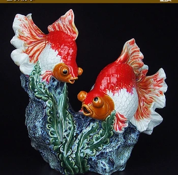 

15''chinese ceramic pottery Painting handcraft carved two fish goldfish statue
