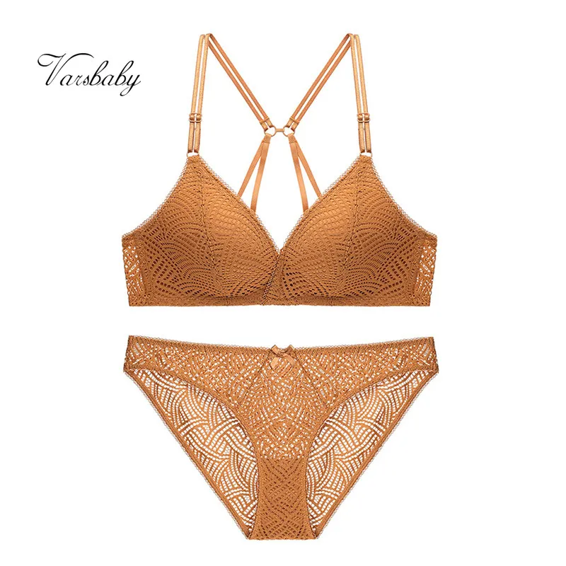 

Varsbaby sexy wire free seamless underwear set deep V push up floral lace beauty back bra set for young women